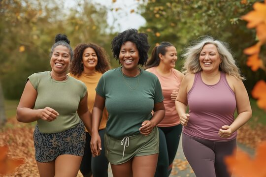Women run together in harmony, celebrating sports and body diversity in a vibrant park setting