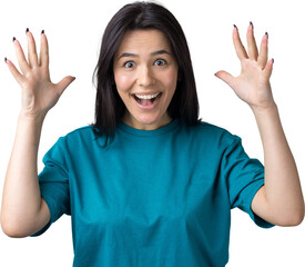 Young beautiful woman with facial expression of surprise standing over gray background.