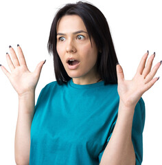 Young beautiful woman with facial expression of surprise standing over gray background.