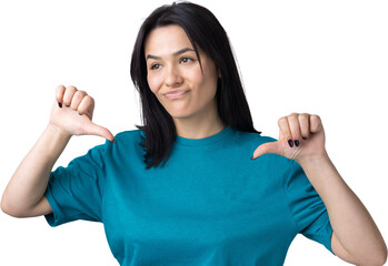 Young brunette in a blue tank top giving thumb down gesture looking with negative expression