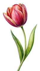 Naklejka premium Single Red Tulip Flower with Green Stem and Leaves isolated on Transparent Background