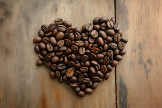 Roasted coffee beans forming a heart shape on a wooden surface, symbolizing love for coffee - Powered by Adobe