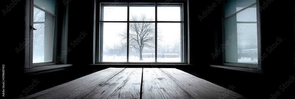 Poster winter view from a window - a rustic wooden table sits before a large window showcasing a snowy wint