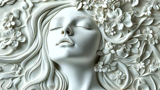 A close-up of a white bas-relief sculpture depicting a woman's serene face with gently flowing hair, intertwined with blossoms, capturing a perfect blend of elegance and softness.