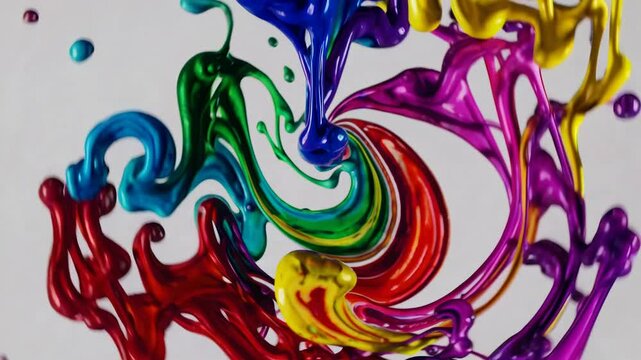 Dynamic overhead shot of vibrant, swirling paint splashes in motion, creating a colorful abstract video art piece on a white background. Live desktop wallpaper.