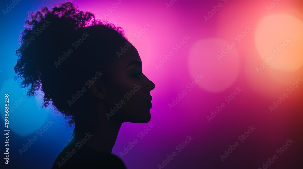 Poster a captivating silhouette features a woman in profile, highlighted by a colorful light beam and set a