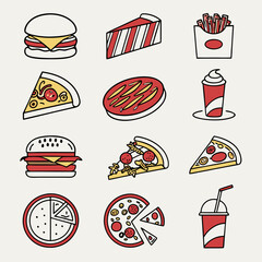 Vector Cartoon Fast Food Icons Set Illustration Burger Pizza Fries Soda Pie Junk Food Line Art Flat Design Minimalist Style Delicious Meal Clipart Graphic