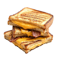 Delicious grilled cheese sandwich with crispy bacon stacked on a reflective surface