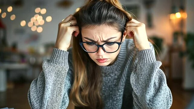 A woman wearing a soft sweater and glasses, leaning forward in her chair at a desk cluttered with bills, trying to calculate her expenses with a worried expression.