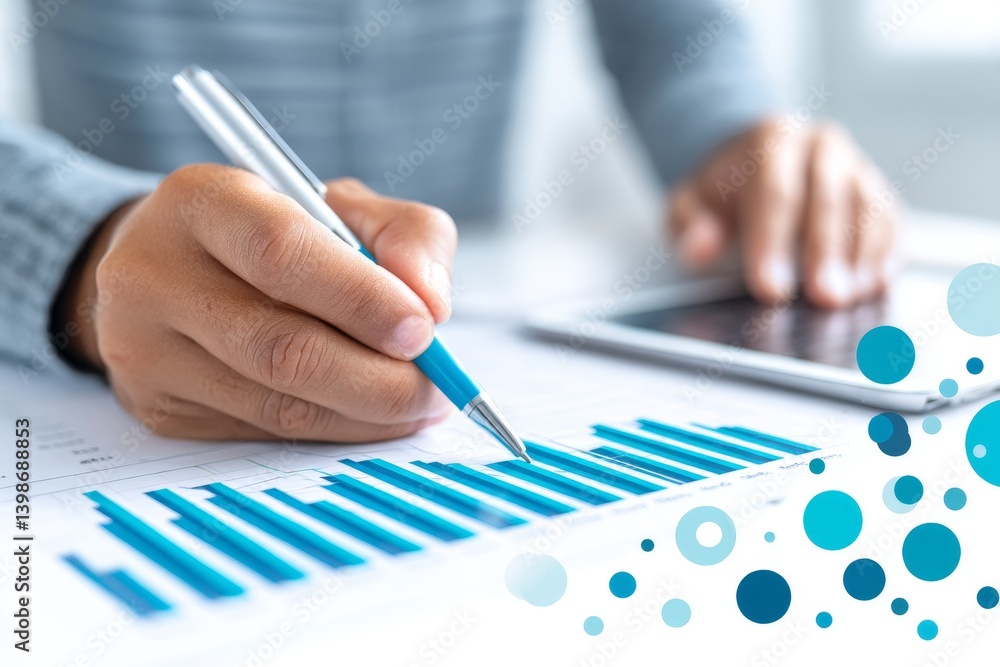 Poster analyzing business growth charts - close-up of a hand analyzing a bar chart with a pen and tablet ne