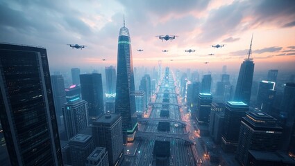 Naklejka premium hong kong city at night, sci- fi background, futuristic, drone flying in a big city