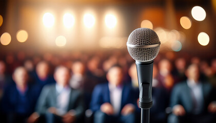 microphone close up in front of blurred audience conference public speaking presentation
