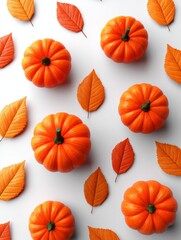 Fototapeta premium Autumn Harvest Pumpkins and Leaves - A flat lay featuring vibrant orange pumpkins and autumn leaves arranged on a white background. Perfect for fall-themed designs