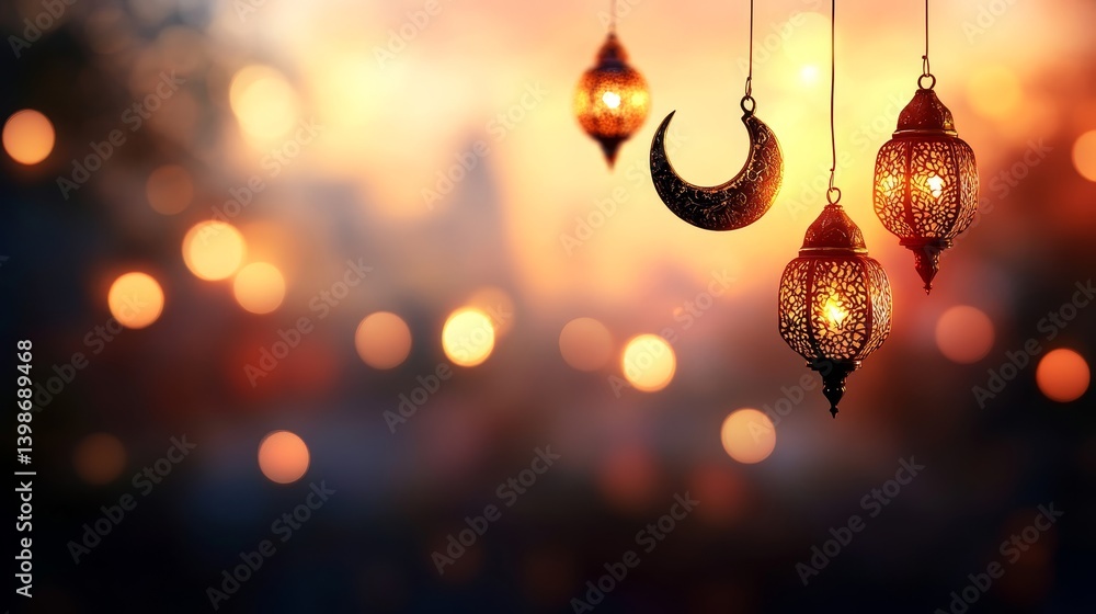 Aufkleber a collection of intricate gold crescent moons and lanterns dangle gracefully in midair, illuminated 