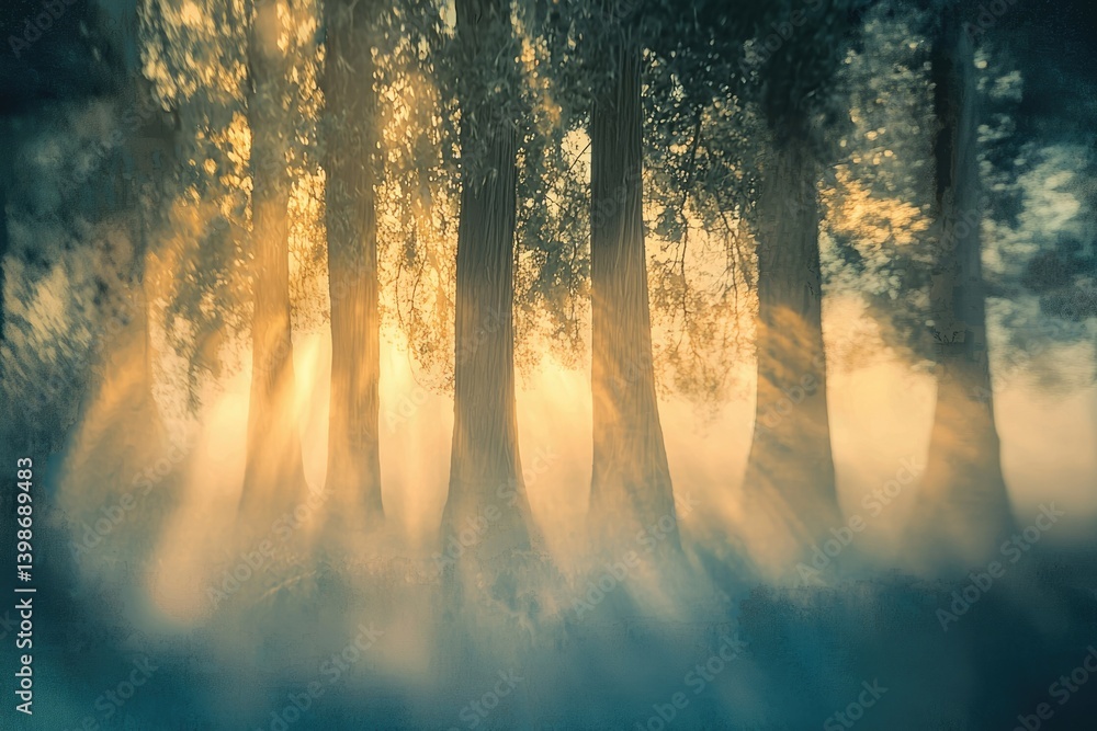 Poster sunbeams pierce through a misty forest, illuminating ancient trees in a magical, ethereal scene.