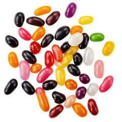 Colorful assortment of jelly beans scattered on a white background, ideal for candy-themed projects