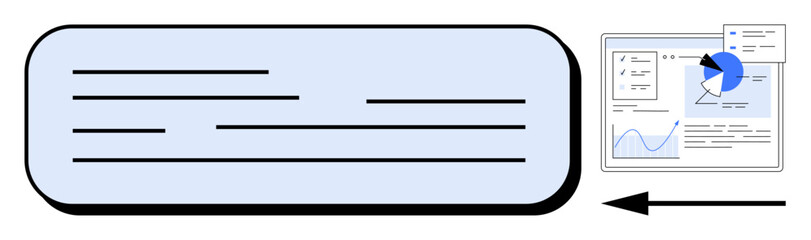 Text content frame alongside a data report with pie chart and graph icons, connected by an arrow. Ideal for business, finance, analytics, education, presentation, workflow, teamwork simple landing