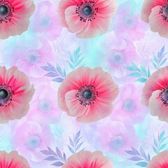 Watercolor seamless patterns, A vibrant floral pattern featuring poppy flowers in shades of pink and blue, set against a dreamy pastel background.