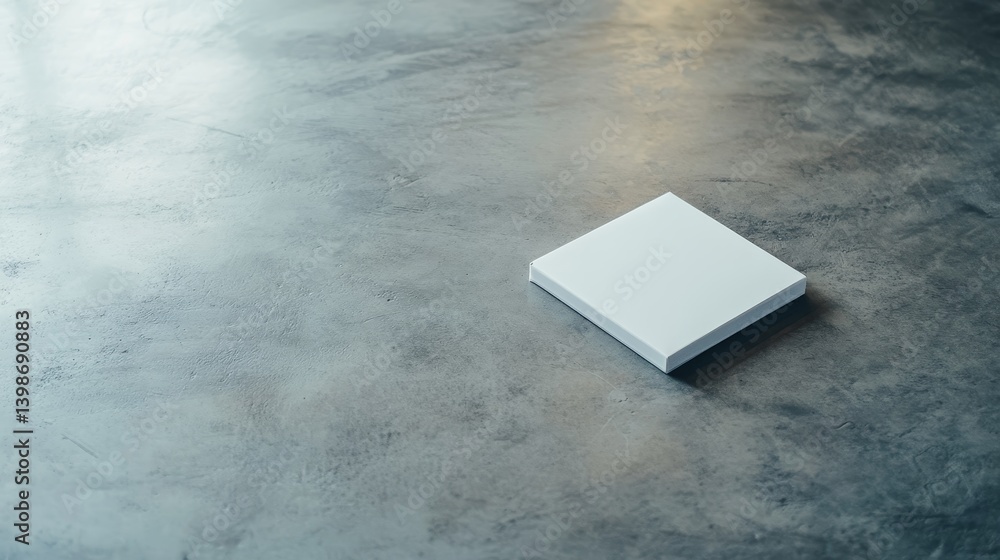 Aufkleber A blank white package is centered on a matte grey tabletop, casting a soft shadow in a minimalist setting ideal for branding and product mockups