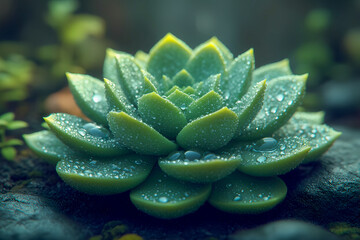 Fresh green succulent plant with dew drops in a garden setting