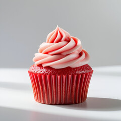"Beautifully decorated red cupcake with soft white swirl, photographed front-on with a pure white background"