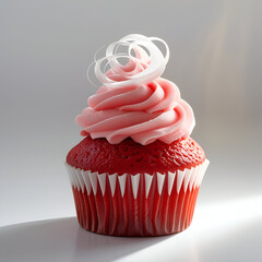 "Beautifully decorated red cupcake with soft white swirl, photographed front-on with a pure white background"