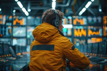A man wearing headphones watches data displayed on screens