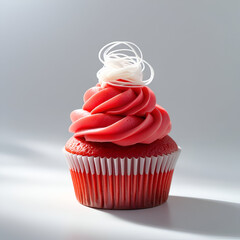 "Beautifully decorated red cupcake with soft white swirl, photographed front-on with a pure white background"