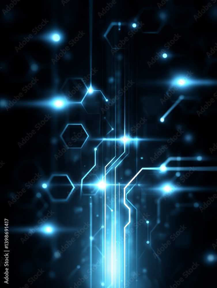 Poster circuitry abstract - glowing blue circuitry lines and nodes on a dark background. abstract technolog