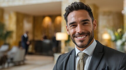 Smiling man in a suit, exuding confidence in an elegant hotel lobby.