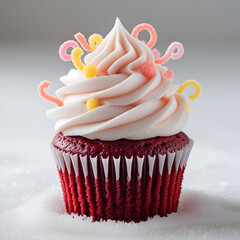 "Beautifully decorated red cupcake with soft white swirl, photographed front-on with a pure white background"