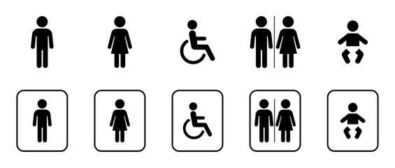 Set of restroom and accessibility icons including male, female, wheelchair, unisex, and baby symbols on a white background. Vector, icons, symbols.