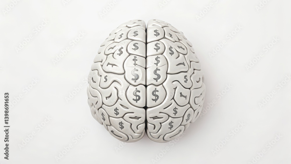 Poster a stylized brain model features dollar signs, symbolizing the connection between finance and intelle