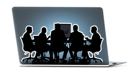 A team of colleagues collaborating intensely on a project around a table illuminated by soft blue light on a laptop screen.