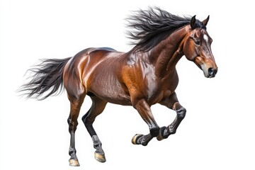 A brown horse galloping with flowing mane isolated on white background