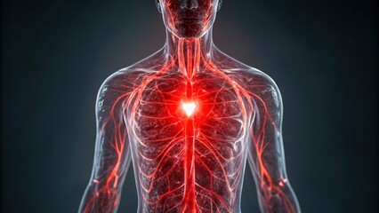 A digital illustration of a human body showcasing the circulatory system, with a glowing heart at the center, emphasizing anatomy and internal structures.