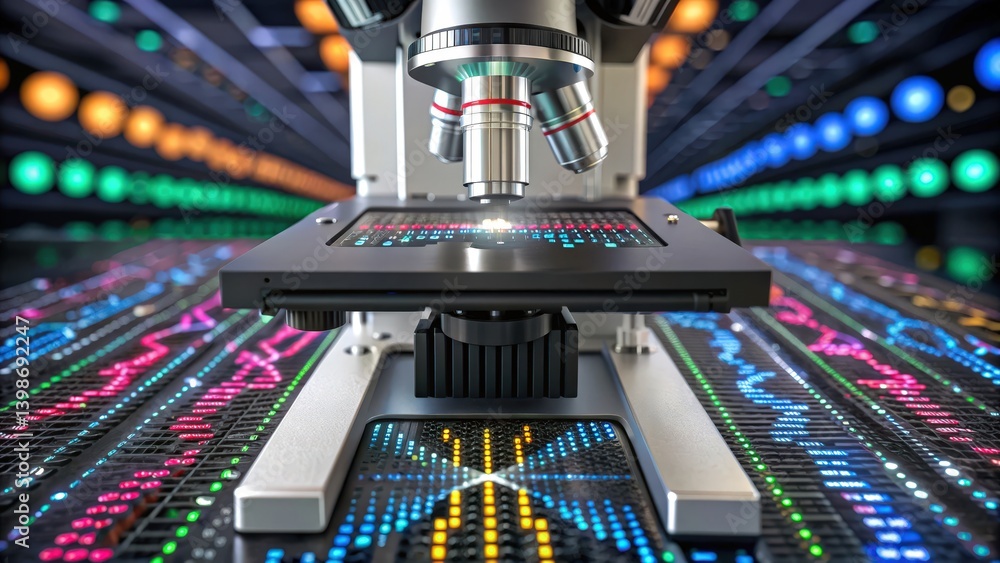 Poster a close-up of a microscope over a colorful digital background, showcasing a fusion of technology and