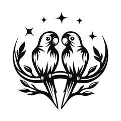 Black Silhouette Two Lovebirds Sitting On Branch Surrounded by Stars, Minimalist Design