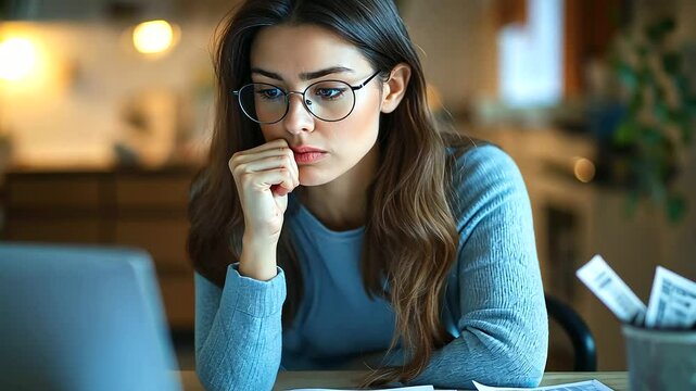 A woman biting her lip in concentration, sitting at her desk with her laptop open to an Excel sheet, with bills scattered around her as she struggles to balance her budget.
