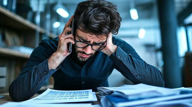 A young corporate worker with a phone tucked between his ear and shoulder, scribbling notes while frantically flipping through stacks of contracts, stress evident in his posture.