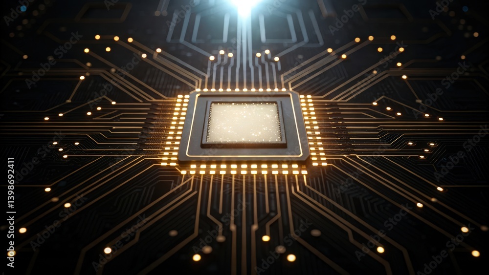 Poster a close-up view of a microchip with intricate circuitry, illuminated by a bright light source, empha