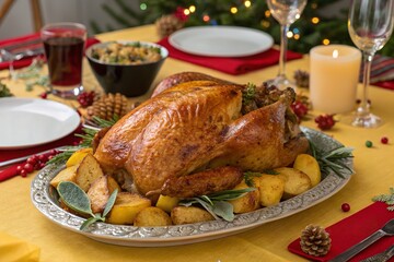 A beautifully roasted turkey, potatoes, and fresh herbs, set for a Christmas feast, is ready.