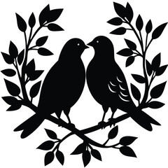 Fototapeta premium Elegant Silhouette of Two Birds Perched on Branches with Lush Foliage, Nature Theme