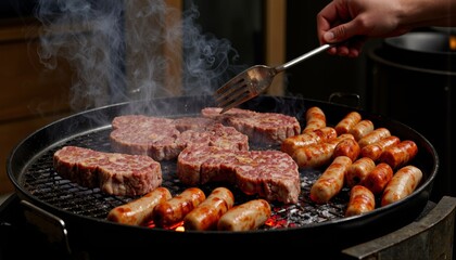Grilling meat on barbecue with smoke and sausages  