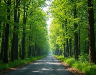Fototapeta premium Empty road in forest with tall green trees. Sunlight illuminates path. Picturesque nature landscape. Travel concept, road trip. Beautiful countryside scene with nobody. Environmental protection, eco