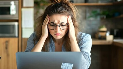 A woman in a casual setting, rubbing her temples with a concerned look as she stares at her laptop screen, bills and receipts piling up in front of her on a disorganized desk.