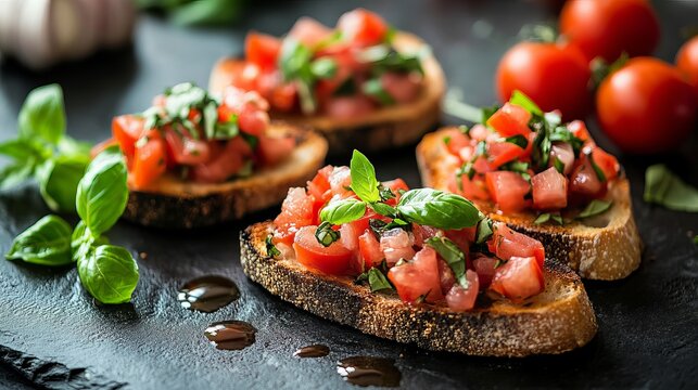 Delicious bruschetta recipe: easy tomato basil appetizer on toasted bread for summer party and snack ideas