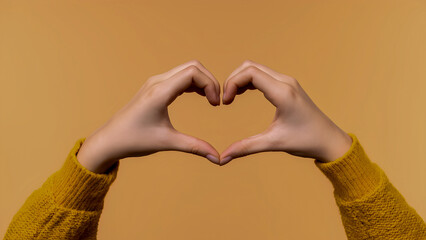 Fototapeta premium Woman forming heart shape with hands against warm brown background