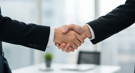 A powerful handshake seals a significant business deal, signifying trust and collaboration in a modern office setting with neutral background.