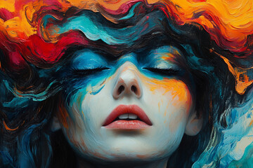 Woman with colorful hair expressing vibrant emotions